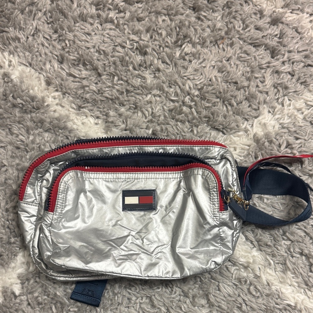 Tommy Hilfiger Metallic Silver Belt Bag with Red and Navy Details